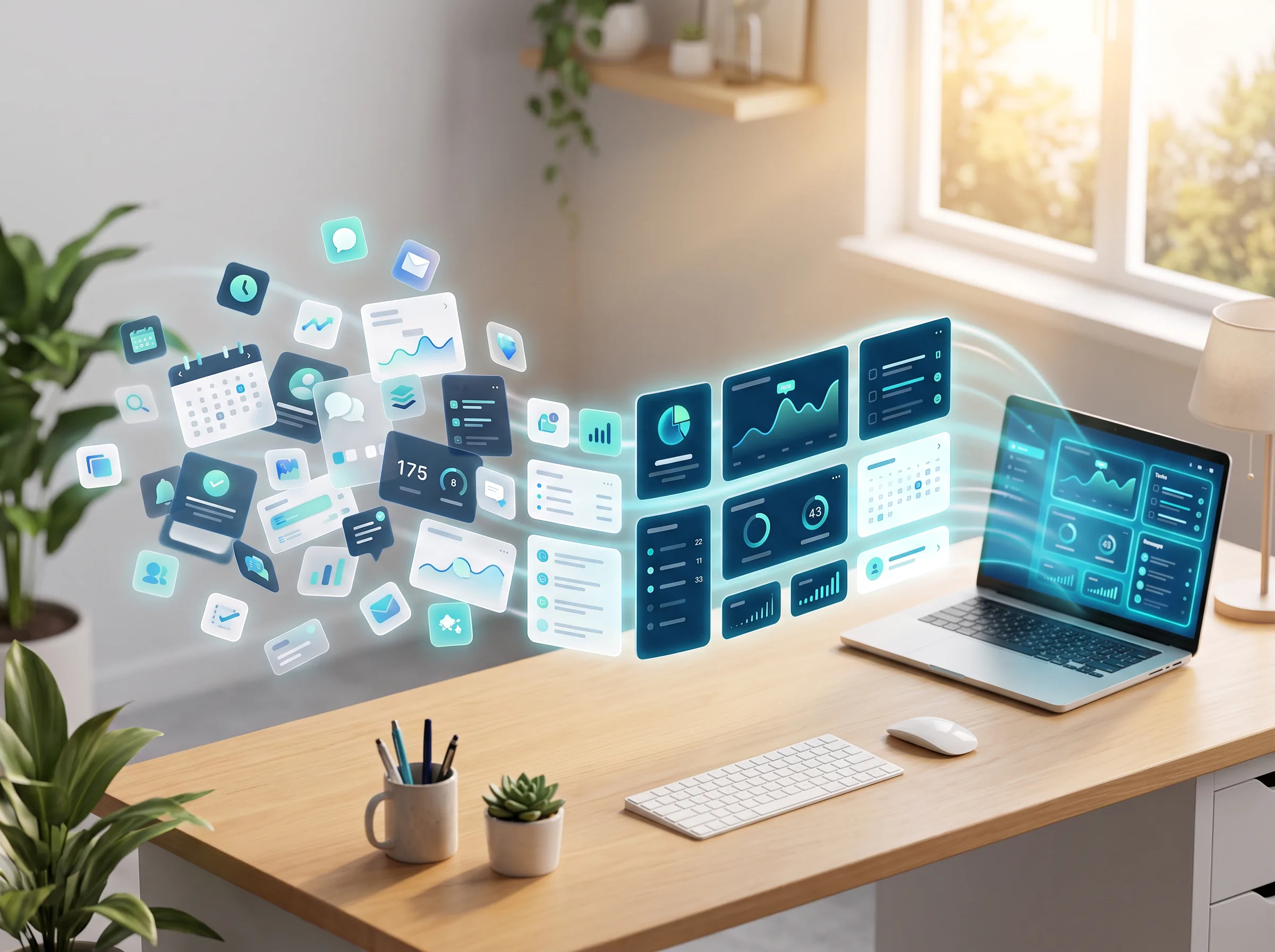 Scattered app icons and notifications flowing into an organized dashboard on a laptop screen in a bright home office
