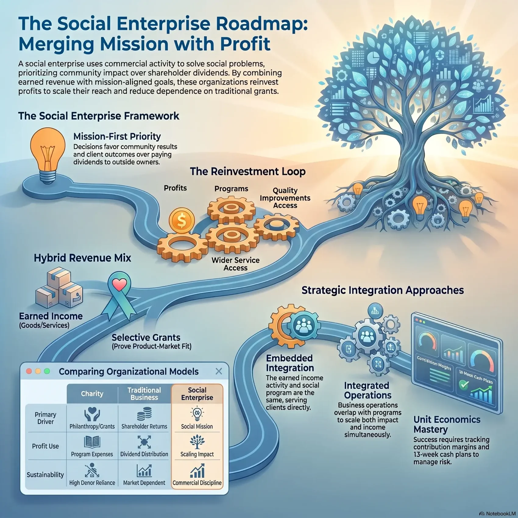 SmartKeys Infographic showing the social enterprise roadmap, illustrating how organizations combine earned revenue with social impact through reinvestment loops, hybrid revenue mixes, and strategic integration