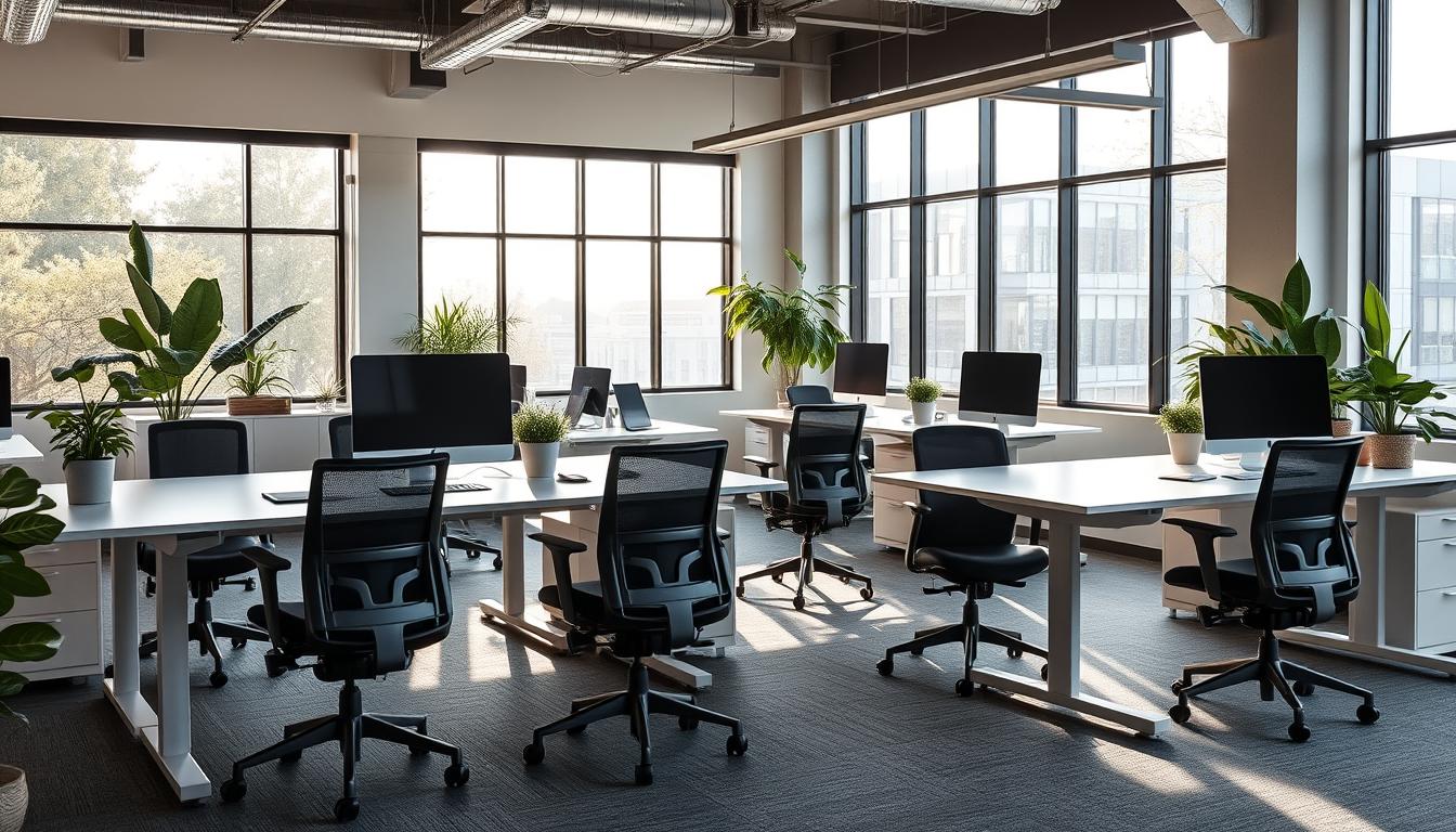 Standing desks in a modern office setting