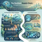 Infographic outlining strategies for a resilient supply chain, presenting the four pillars of robust operations and a modern resilience tech stack featuring AI, digital twins, and blockchain.