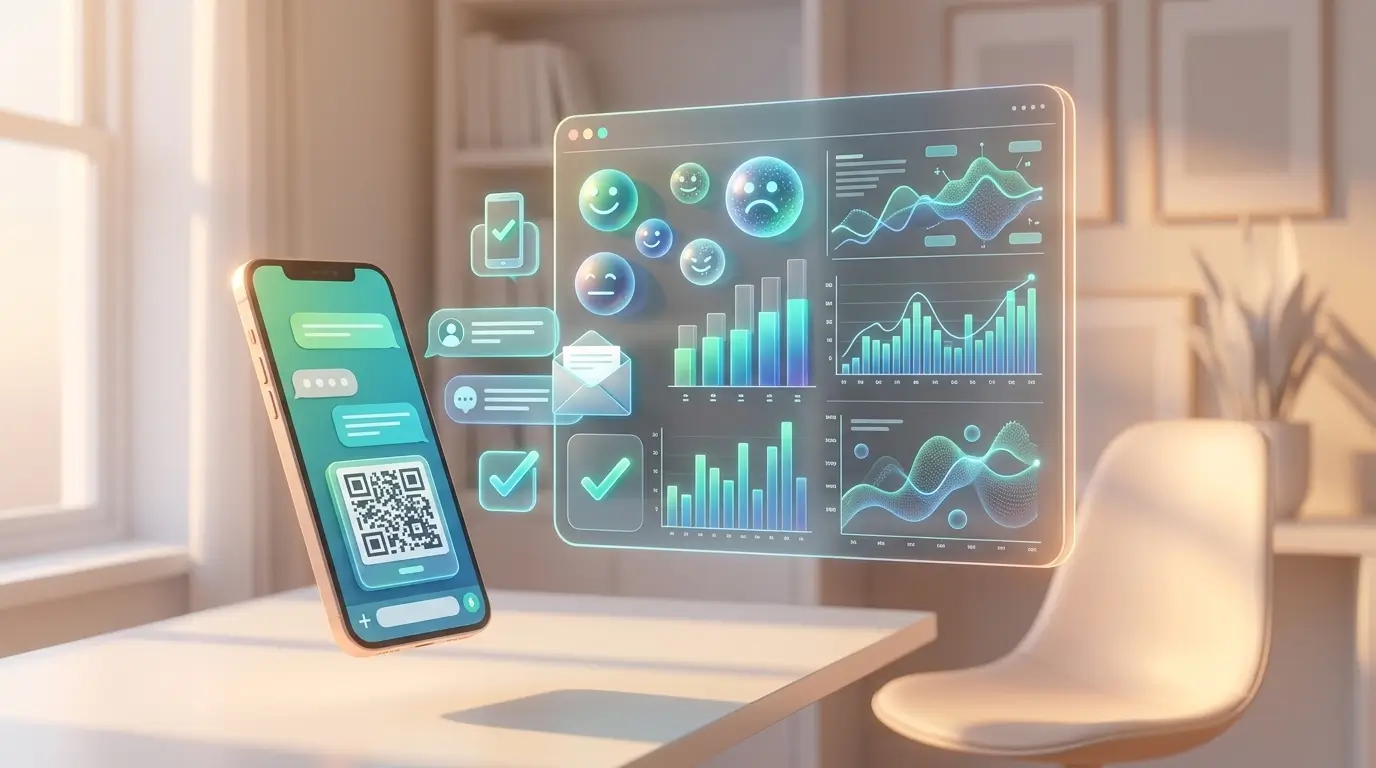 Illustration of a futuristic survey analytics dashboard showing real-time metrics, trend charts, and AI sentiment analysis