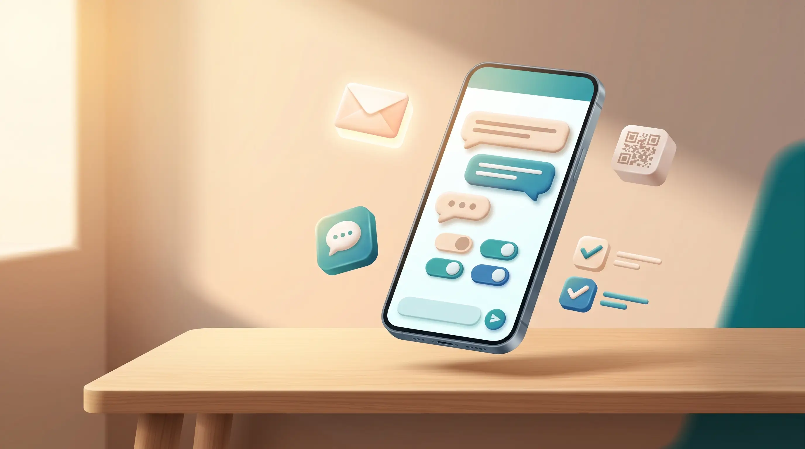 Illustration of conversational survey UI on a smartphone with omnichannel distribution icons for email, messaging, and QR codes
