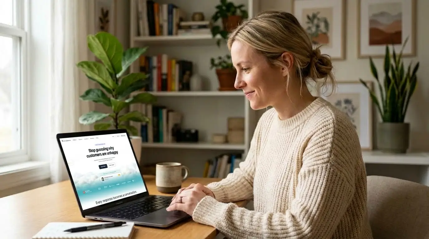 Woman using SurveySparrow feedback software on a laptop in a bright home office for a SmartKeys review