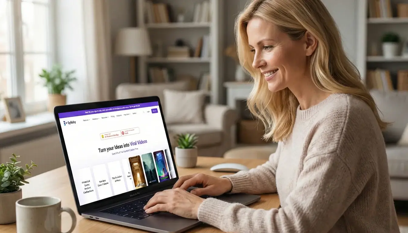 A user testing the Syllaby AI video marketing software on a MacBook to demonstrate features for a software review.
