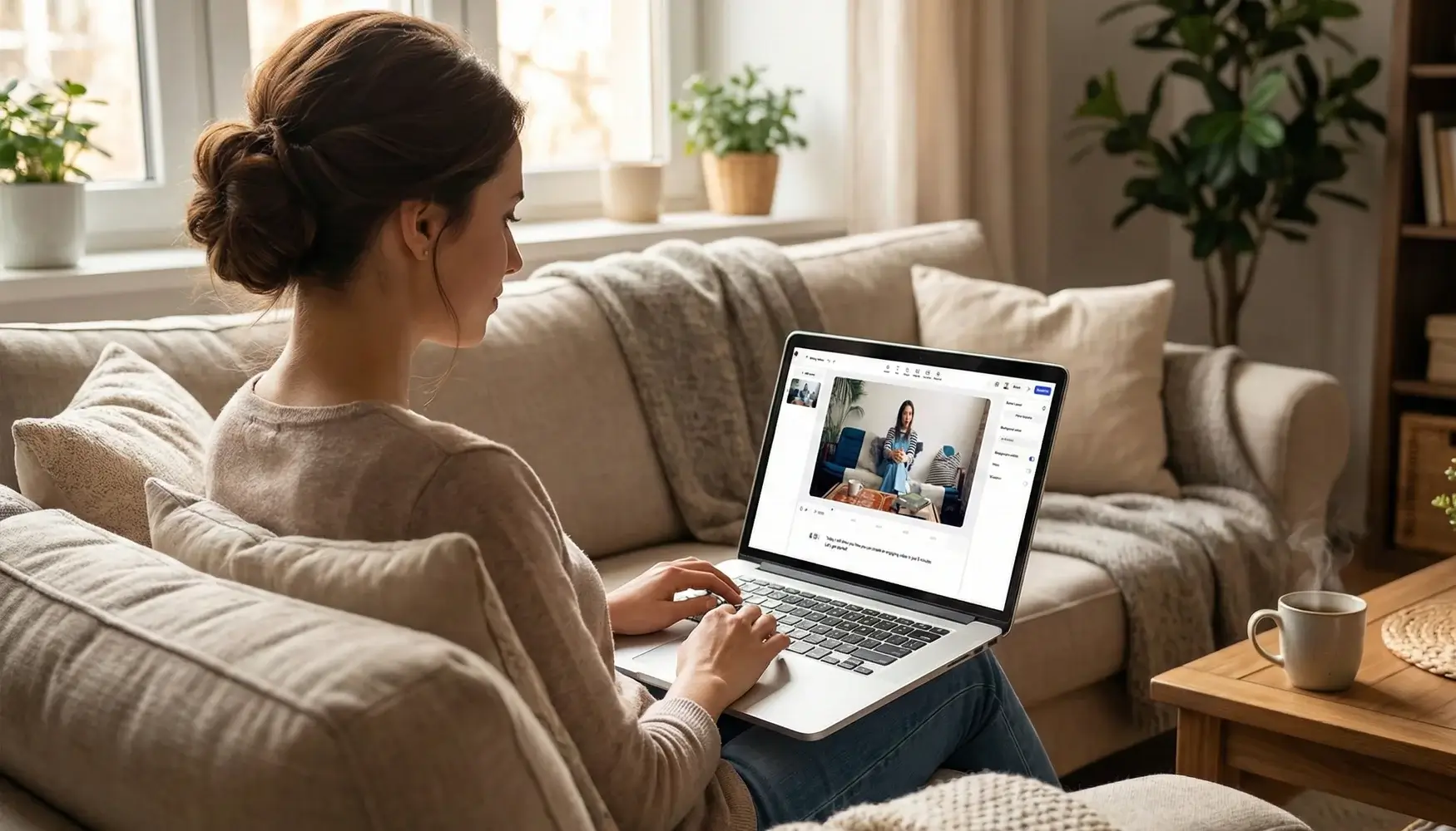 Woman using Synthesia software on a laptop to create an AI video, showcasing the user interface and avatar editor.