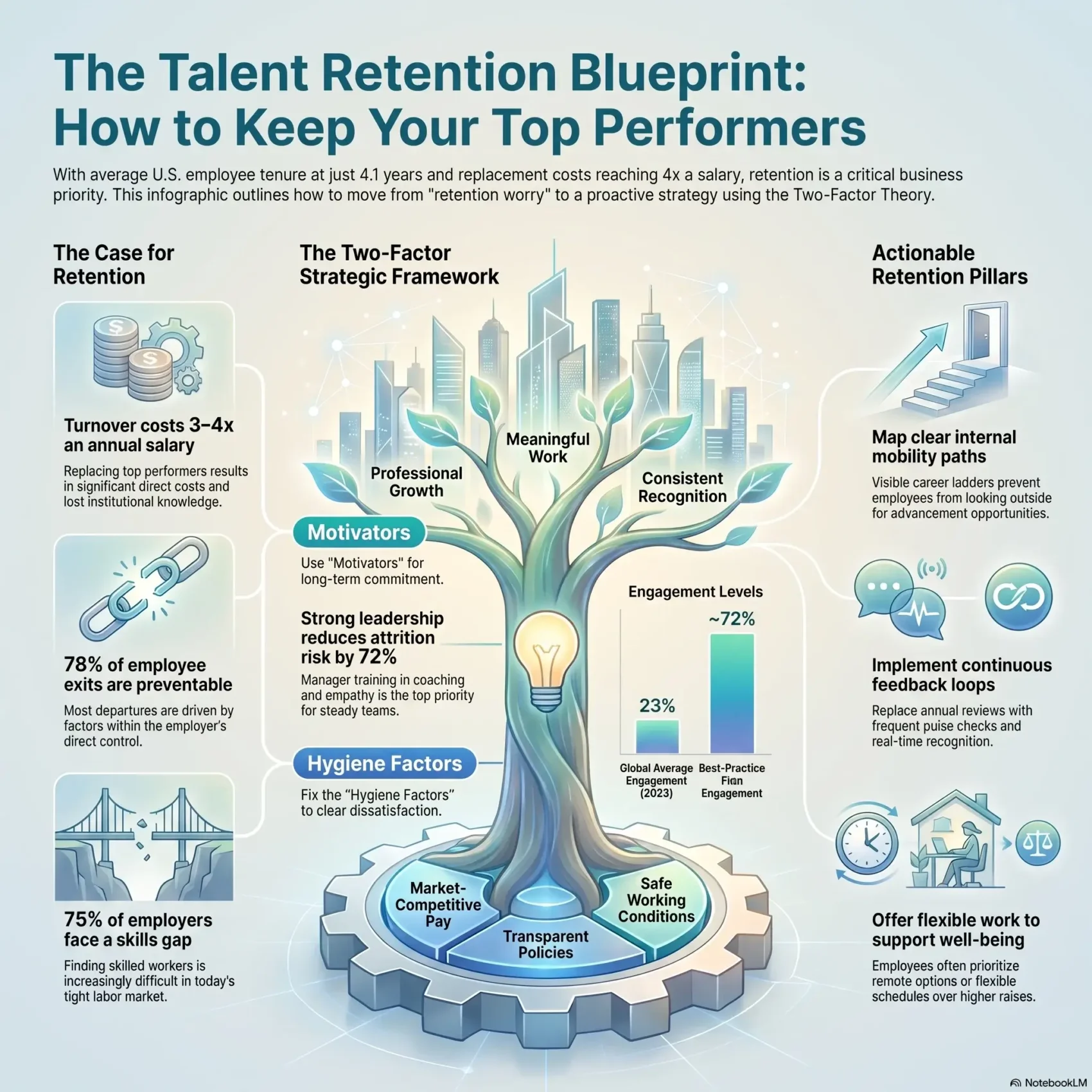 SmartKeys Infographic presenting the talent retention blueprint, using the two-factor strategic framework of motivators and hygiene factors to reduce employee turnover and increase engagement
