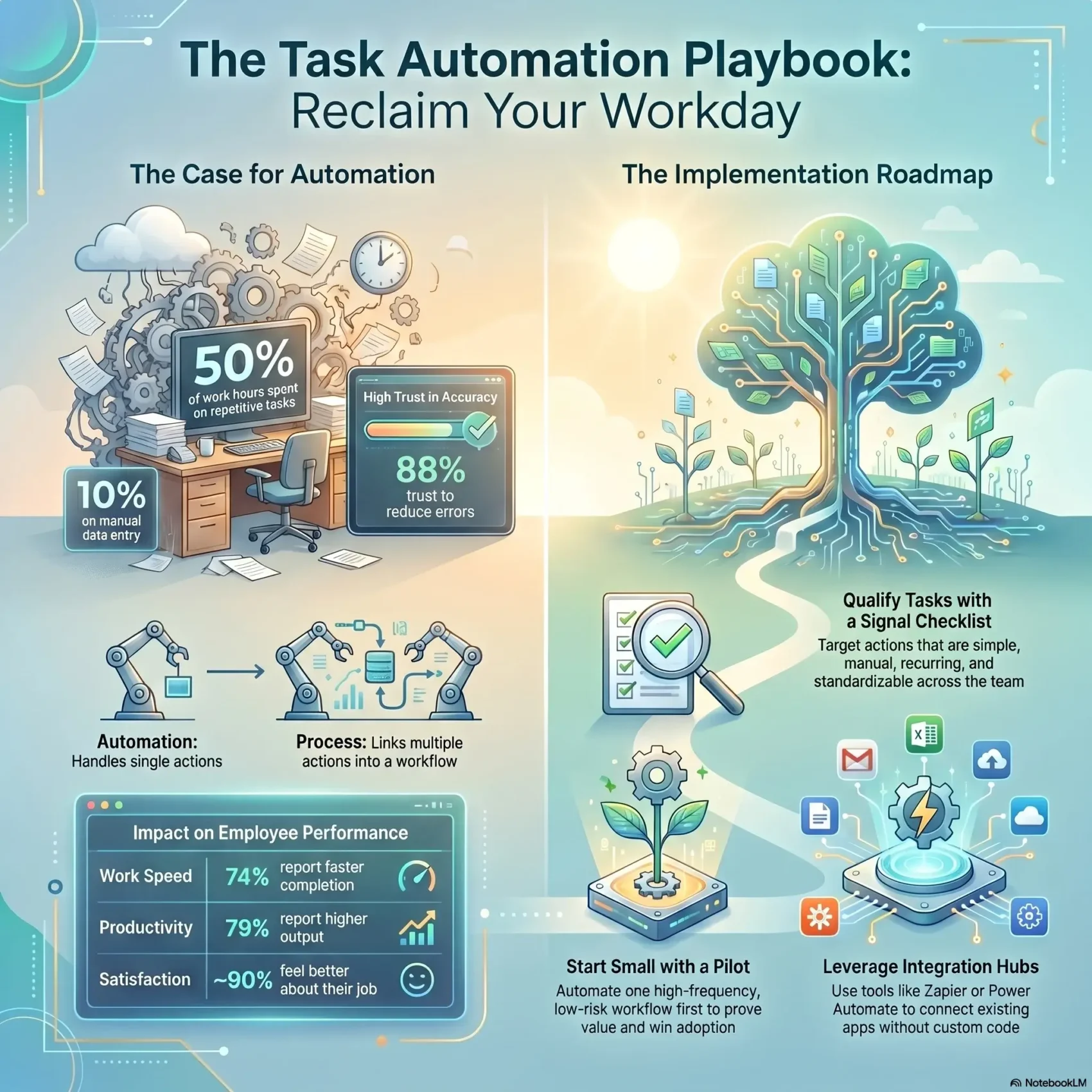 Infographic outlining a task automation playbook, demonstrating the business case for automation with productivity and performance statistics alongside a clear implementation roadmap for teams.
