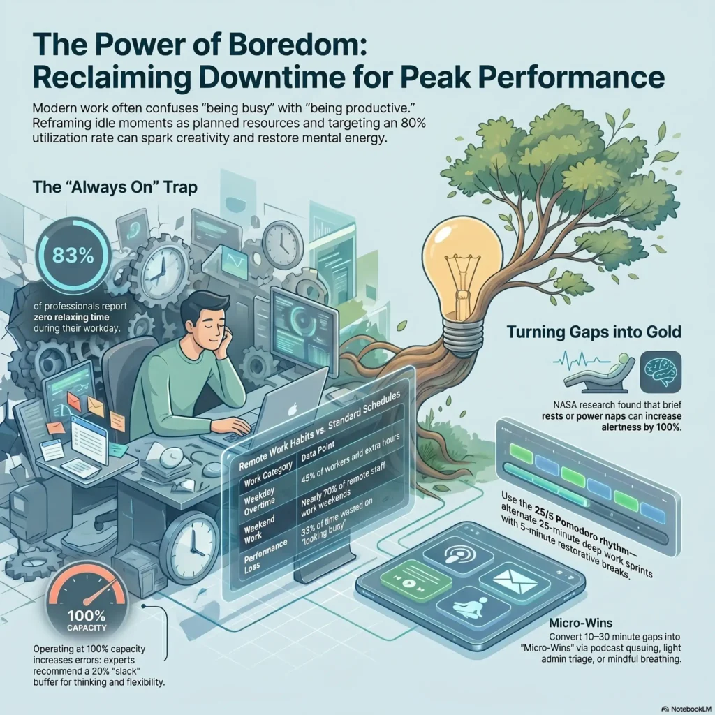 Infographic exploring the power of boredom and reclaiming downtime for peak performance, contrasting the always-on trap with remote work habits, micro-wins, and restorative breaks.