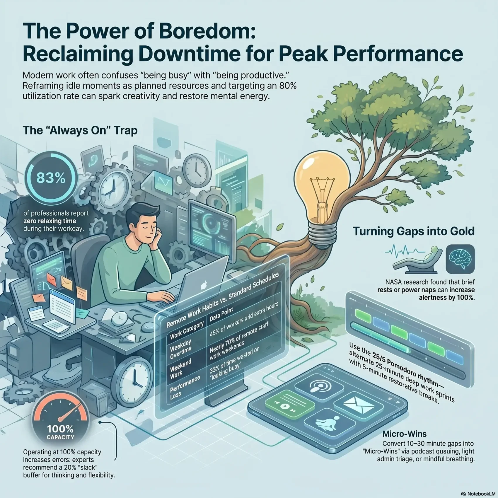 Infographic exploring the power of boredom and reclaiming downtime for peak performance, contrasting the always-on trap with remote work habits, micro-wins, and restorative breaks.