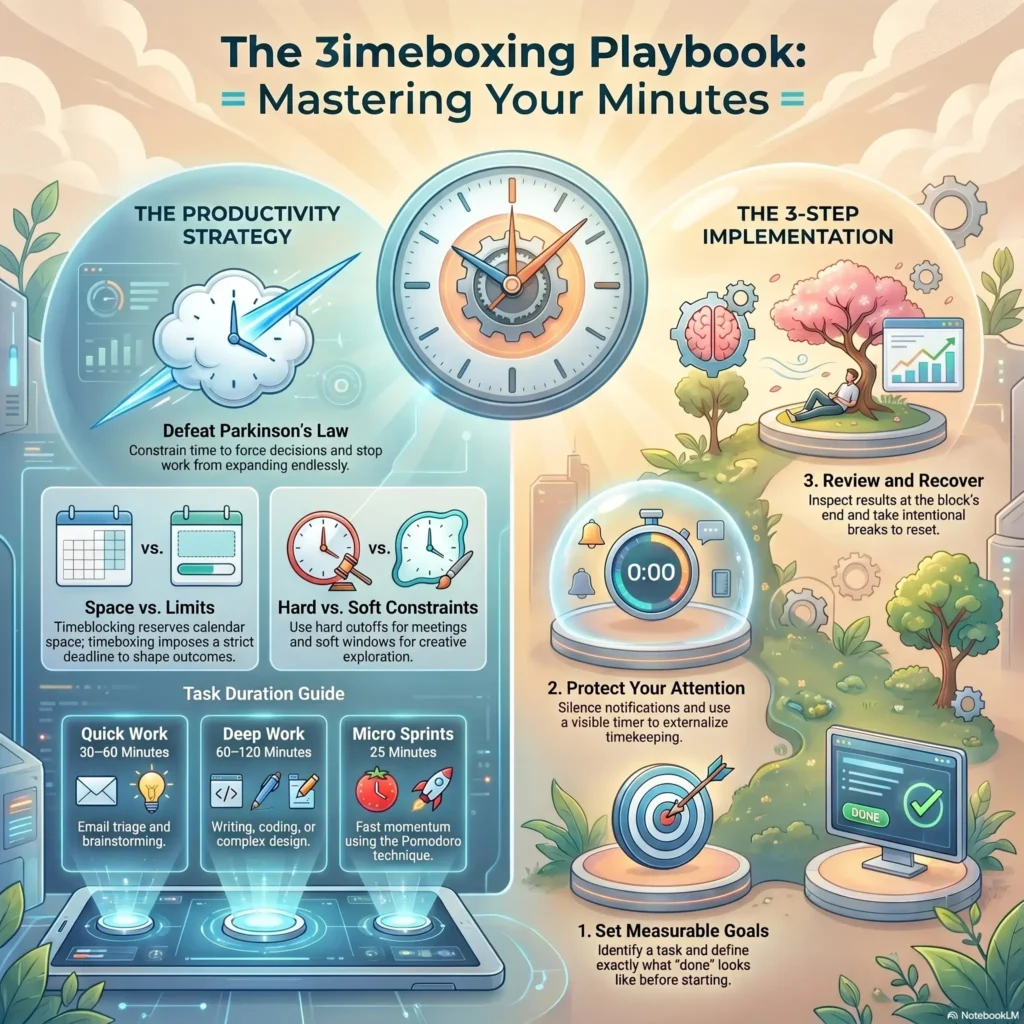 Infographic titled 'The Timeboxing Playbook' detailing daily scheduling strategies to beat Parkinson's Law, featuring a task duration guide, hard versus soft constraints, and a 3-step productivity workflow.Infographic titled 'The Timeboxing Playbook' detailing daily scheduling strategies to beat Parkinson's Law, featuring a task duration guide, hard versus soft constraints, and a 3-step productivity workflow.