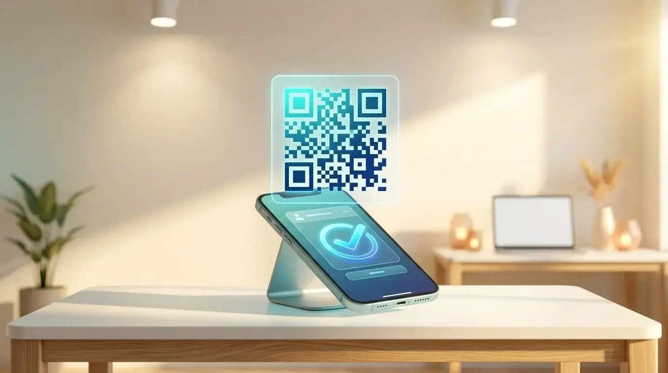 3D tech illustration of a smartphone scanning a digital QR code event ticket with a verified checkmark on a desk
