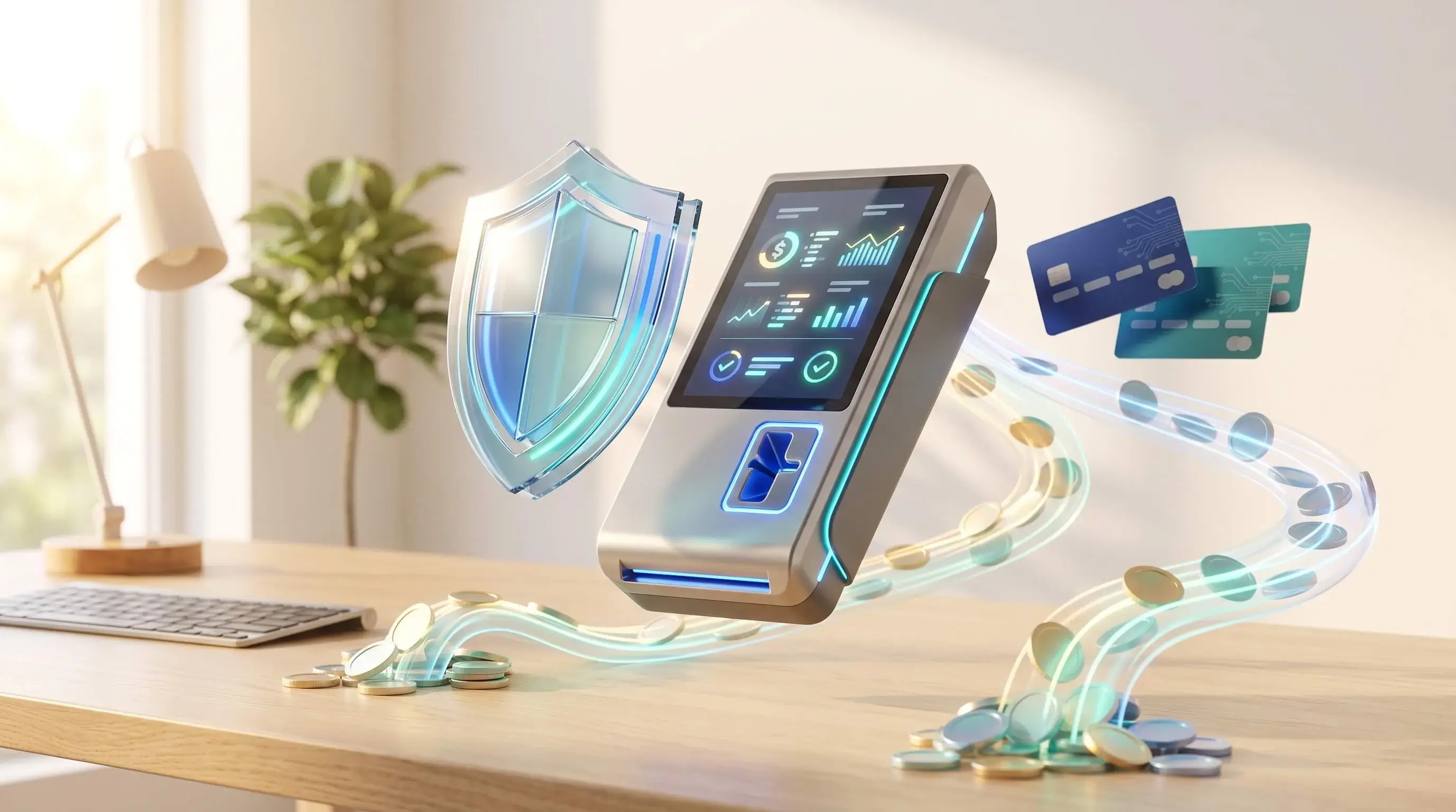 3D tech illustration of a digital payment terminal with secure cash flow streams and credit cards for direct event payouts
