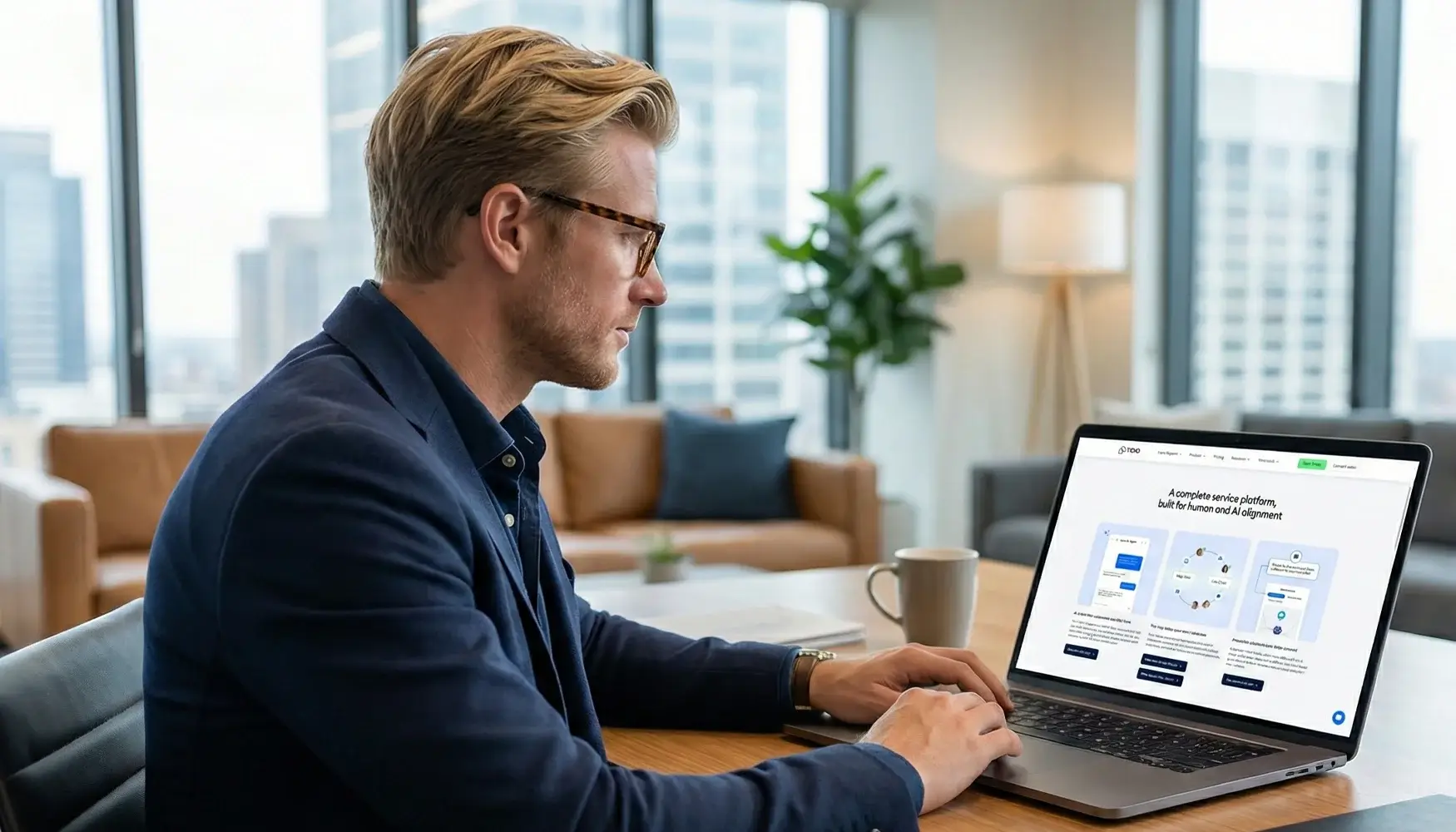 Tidio review: A professional exploring the Tidio AI customer service and chat platform on a laptop.