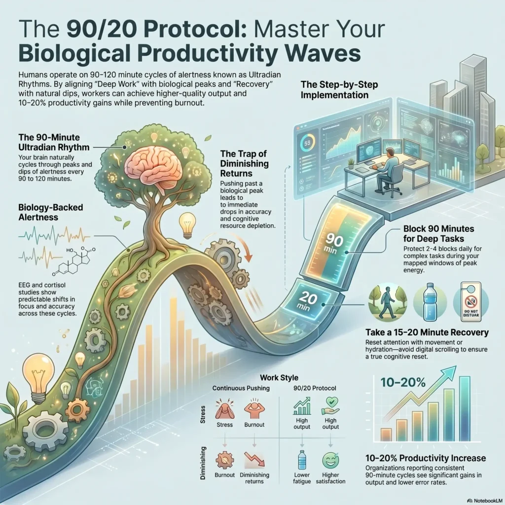 Infographic explaining 'The 90/20 Protocol' based on ultradian rhythms, showing a biological wave path for deep work blocks, intentional recovery breaks, and corporate productivity optimization.