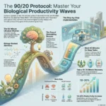 Ultradian Rhythm Work: Harnessing 90-Minute Cycles for Peak Productivity Infographic explaining 'The 90/20 Protocol' based on ultradian rhythms, showing a biological wave path for deep work blocks, intentional recovery breaks, and corporate productivity optimization.