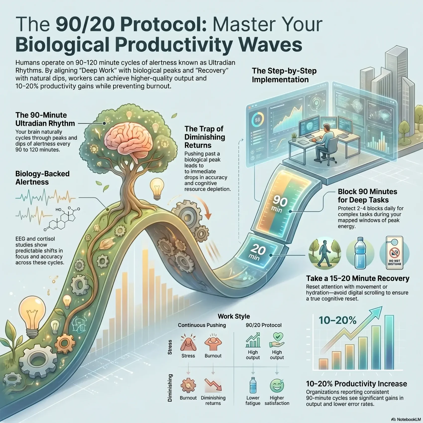 Infographic explaining 'The 90/20 Protocol' based on ultradian rhythms, showing a biological wave path for deep work blocks, intentional recovery breaks, and corporate productivity optimization.