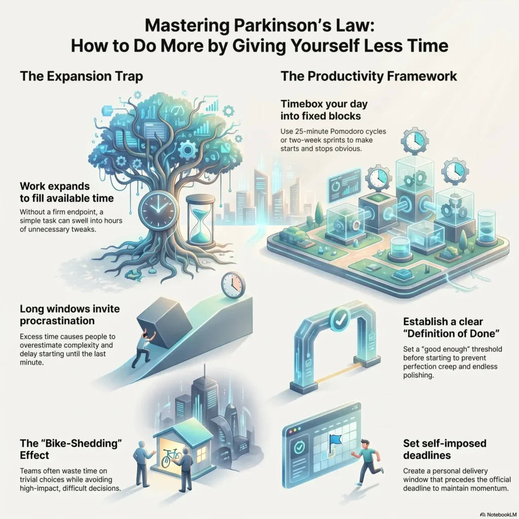 Infographic explaining how to master Parkinson’s Law to boost productivity, contrasting time expansion and procrastination traps with strategic frameworks like timeboxing and self-imposed deadlines.
