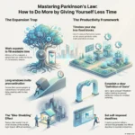 Using Parkinson’s Law: Shorten Deadlines to Get More Done in Less Time Infographic explaining how to master Parkinson’s Law to boost productivity, contrasting time expansion and procrastination traps with strategic frameworks like timeboxing and self-imposed deadlines.