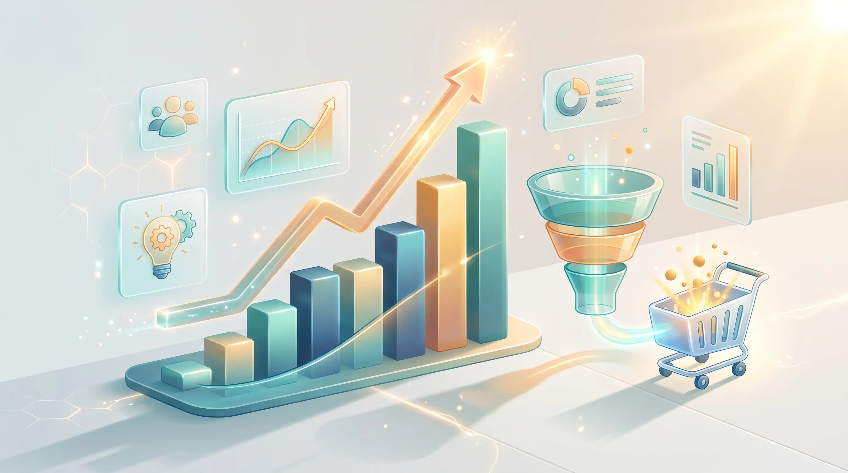 Illustration of conversion rate optimization showing rising performance analytics charts and an e-commerce sales funnel