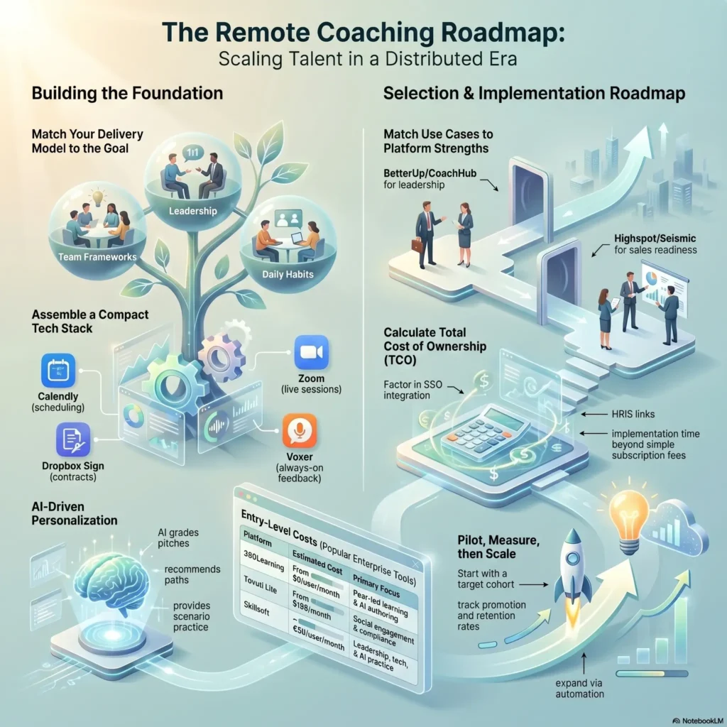 Infographic mapping out a remote coaching roadmap to scale employee talent in a distributed era, detailing tech stack assembly, AI-driven personalization, and platform implementation steps.