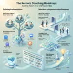 Virtual Coaching Programs: Developing Employees in a Remote Era Infographic mapping out a remote coaching roadmap to scale employee talent in a distributed era, detailing tech stack assembly, AI-driven personalization, and platform implementation steps.