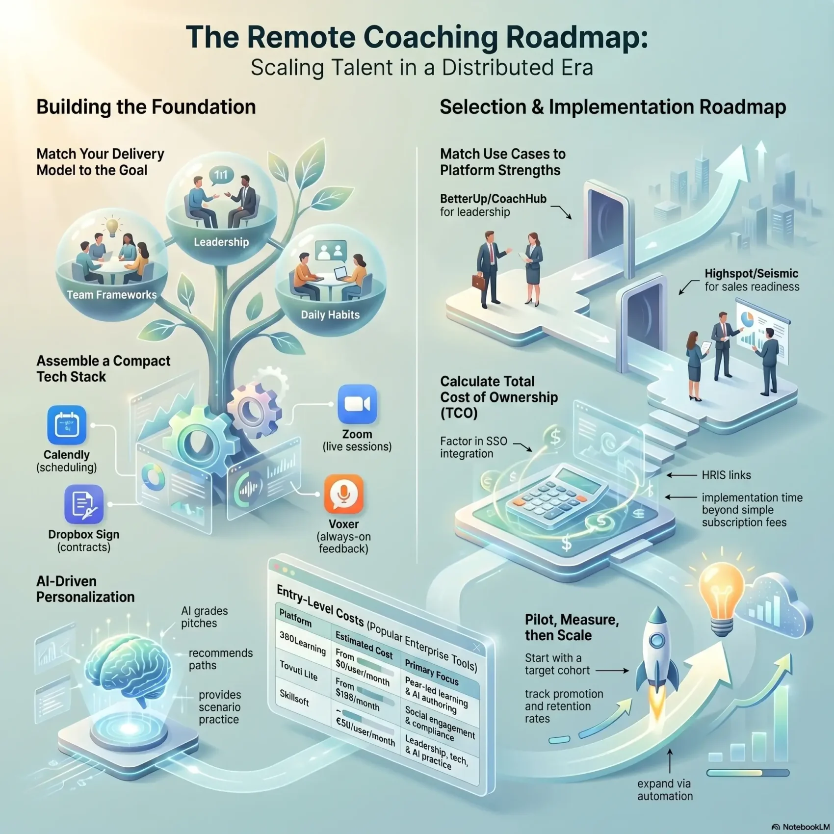 Infographic mapping out a remote coaching roadmap to scale employee talent in a distributed era, detailing tech stack assembly, AI-driven personalization, and platform implementation steps.