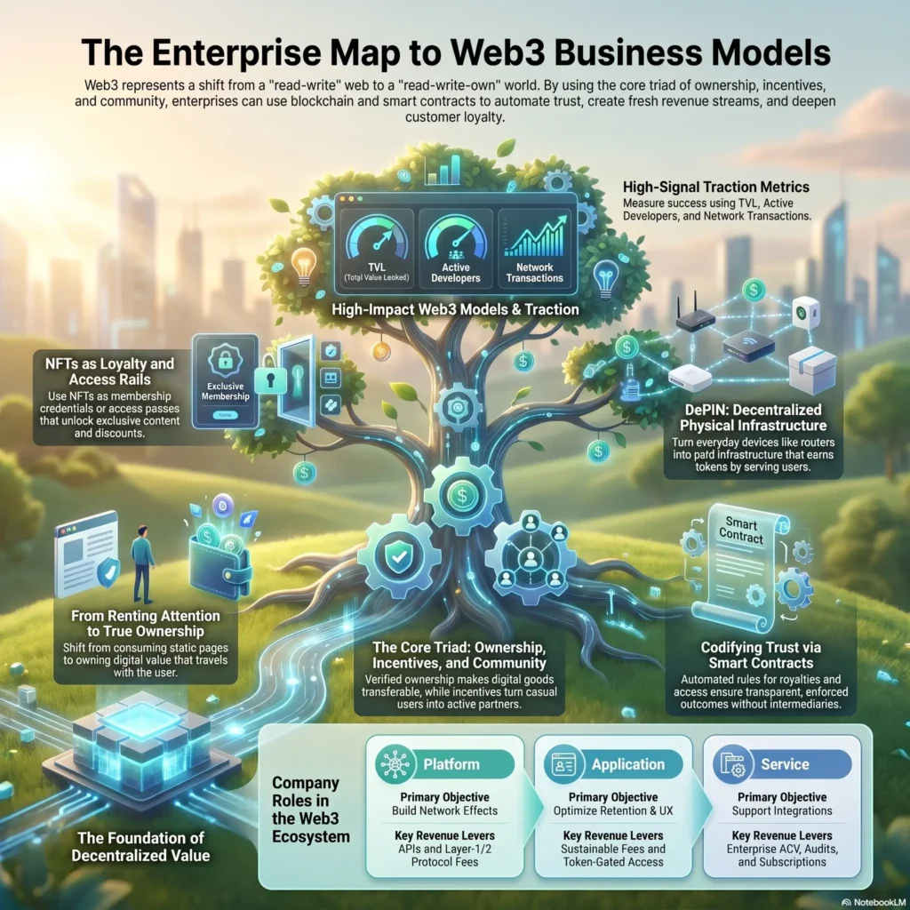Infographic mapping enterprise Web3 business models and decentralized value creation, highlighting the core triad of ownership, incentives, and community alongside DePIN and smart contract applications.