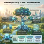 Infographic mapping enterprise Web3 business models and decentralized value creation, highlighting the core triad of ownership, incentives, and community alongside DePIN and smart contract applications.