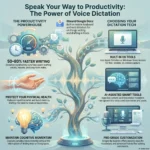 Work Faster with Voice Dictation: Turn Speech into Text for Efficiency Infographic titled 'The Power of Voice Dictation' showcasing the productivity and health benefits of speech-to-text tools, including cognitive momentum and the AI-assisted dictation tech stack.