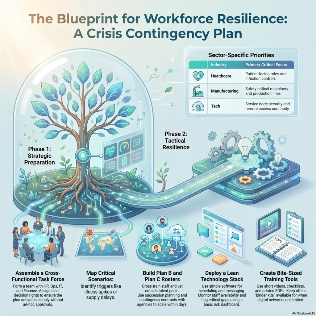 Crisis contingency plan infographic outlining a workforce resilience blueprint, strategic preparation phases, and sector-specific priorities for business continuity.