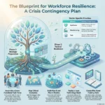 Crisis contingency plan infographic outlining a workforce resilience blueprint, strategic preparation phases, and sector-specific priorities for business continuity.