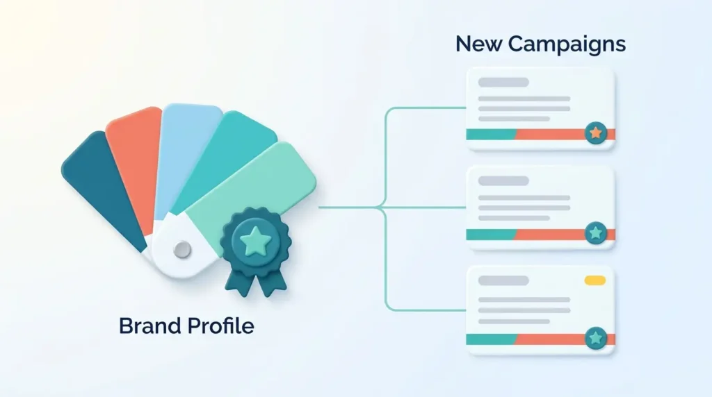 AdCreative.ai Brand Profile Reuse AdCreative.ai review illustration: a saved brand profile with color swatches and a star badge passes its styling to three new campaigns.