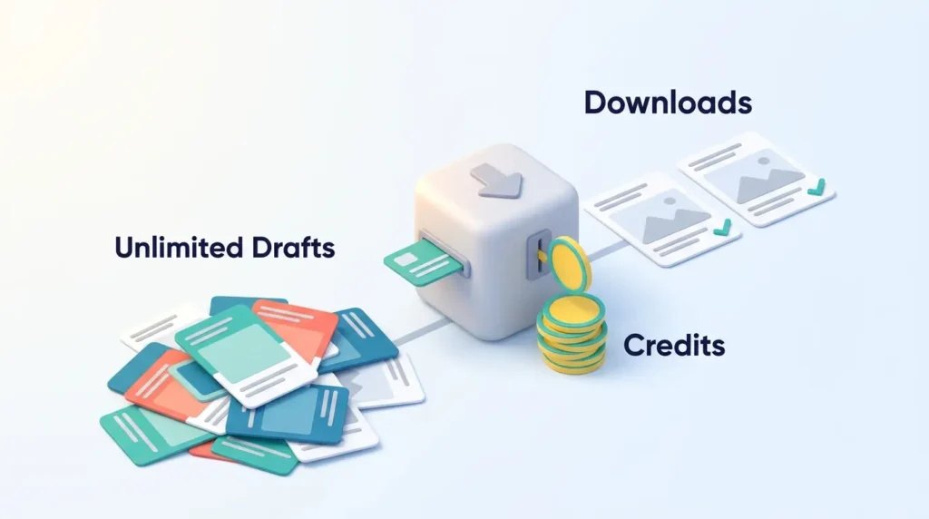 AdCreative.ai Download Credit Model AdCreative.ai pricing explained: unlimited drafts cost nothing, while each download at the station uses a credit token.