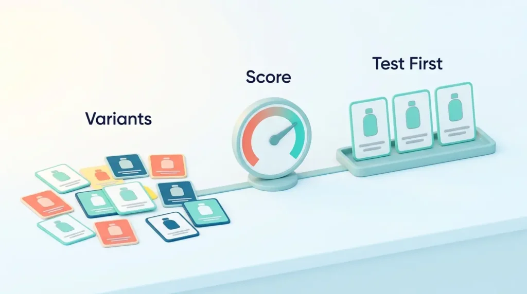 Ad Variants Ranked by Predicted Score Ad variants spread out on the left pass a creative scoring AI gauge, leaving a shortlist of three ads to test first.