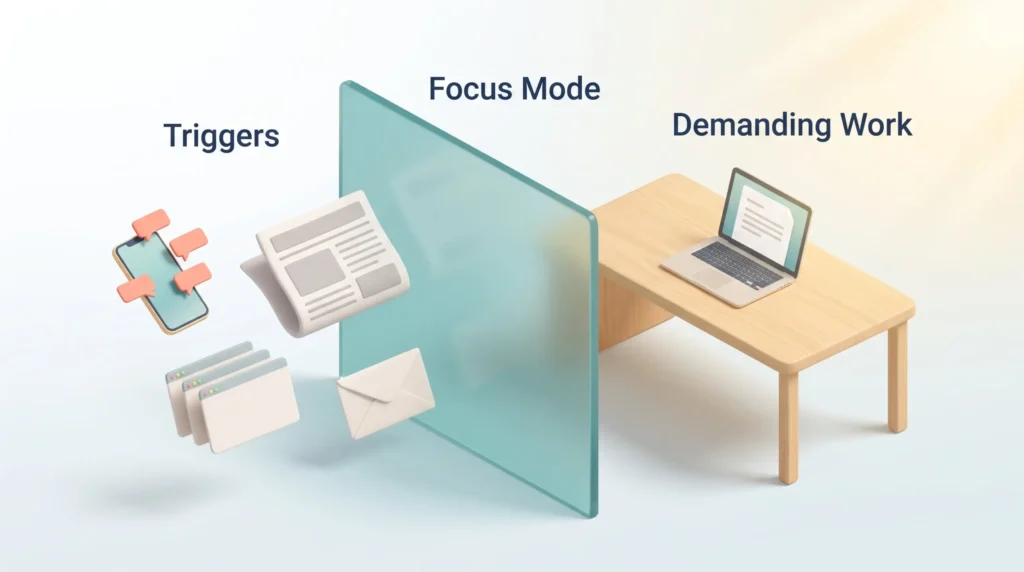Focus Mode Blocking Distraction Triggers Phone alerts, news, tabs and email stopped by a focus mode glass panel, an ADHD focus strategy that protects demanding work