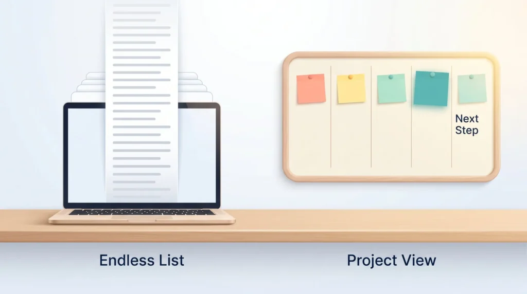 Endless List vs Project View An endless to-do list on a laptop next to a project view corkboard with one next step per project for the ADHD brain