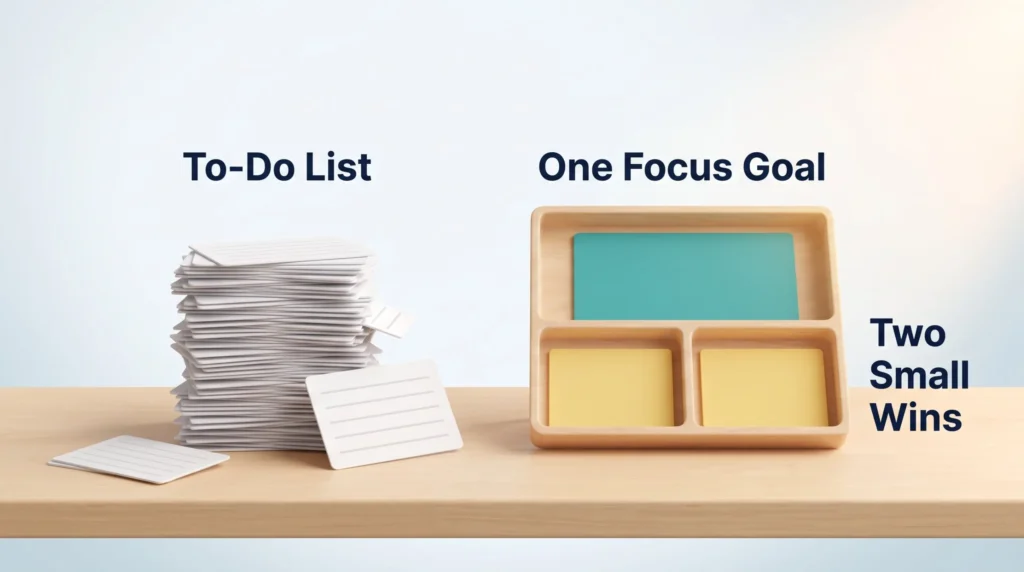 ADHD Productivity Rule of Three ADHD productivity planning tray holding one focus goal and two small wins, set apart from a messy to-do list pile