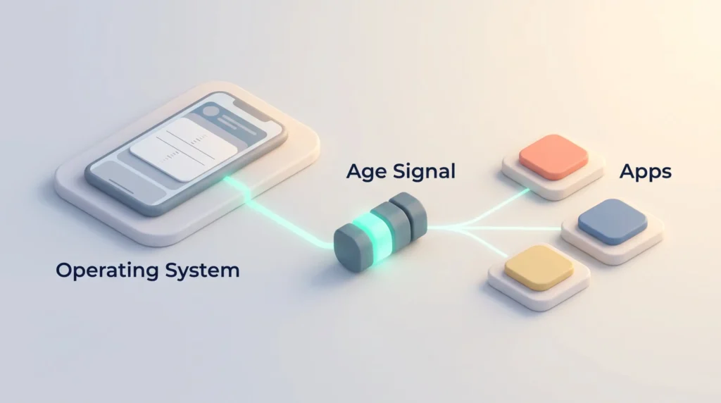 Online age checks moving to the device: the operating system sends a simple age signal with one age bracket to several apps.