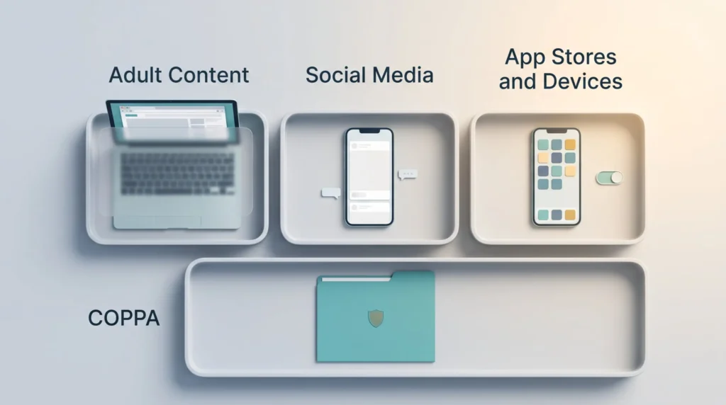 Age verification laws sorted into three trays for adult content, social media and app stores and devices, with the federal COPPA rule below.