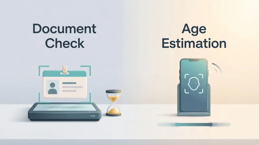 Age assurance methods compared: a document check scans an ID card slowly, while age estimation reads a face scan fast but less precisely.