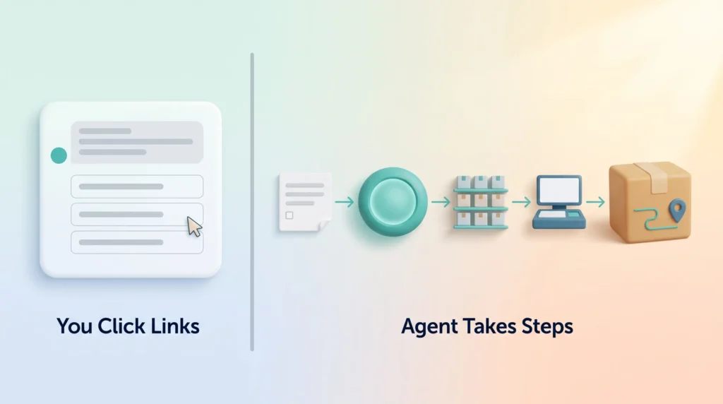 Agentic Commerce Chatbot vs Agent Agentic commerce compared: a chat window where you click links versus an AI agent that turns a goal into a completed order