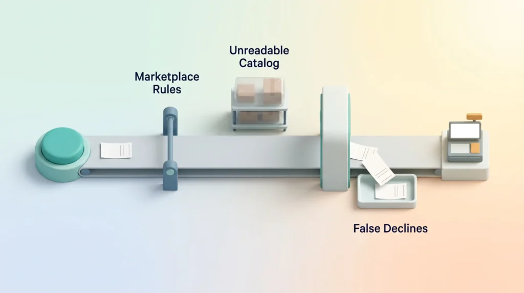 Agent Checkout Roadblocks Agent checkout stalling at marketplace rules, an unreadable product catalog and fraud checks that falsely decline legitimate orders