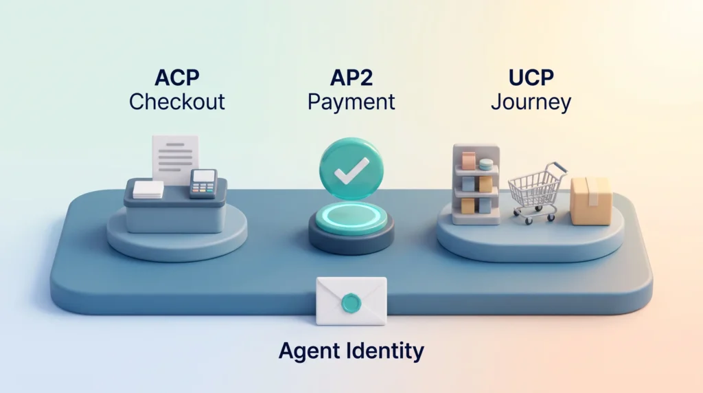 Agent Payment Protocols and Identity Layer Agent payments protocol landscape: ACP for checkout, AP2 for payment and UCP for the whole journey on a shared agent identity layer
