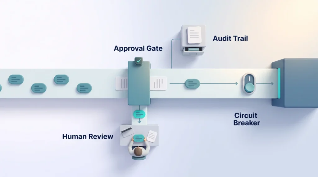 AI Agent Governance Controls Governance for AI agents: actions pass an approval gate, one goes to human review, decisions land in an audit trail and a circuit breaker guards production.