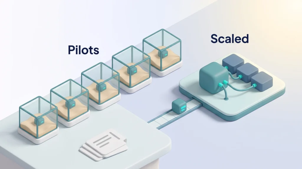 Agentic AI Adoption Scaling Gap Agentic AI adoption scaling gap: five agent pilots sit in glass sandboxes, while only one agent moves on to a production platform linked to company systems.