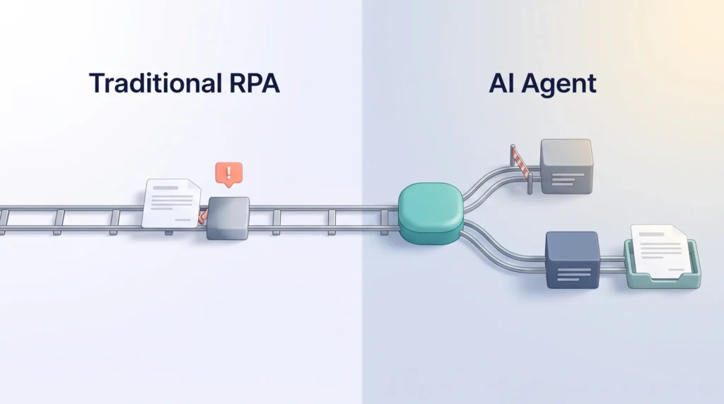 AI Agent Workflows vs Traditional RPA AI agent workflows compared with traditional RPA: a rule-based track stalls at a blocked form, while an AI agent reroutes to another source.