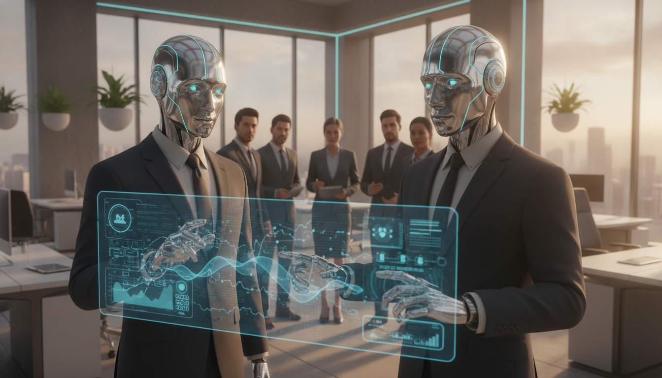 Two humanoid robots in business suits review a blue holographic dashboard in a sunlit office while colleagues work behind them