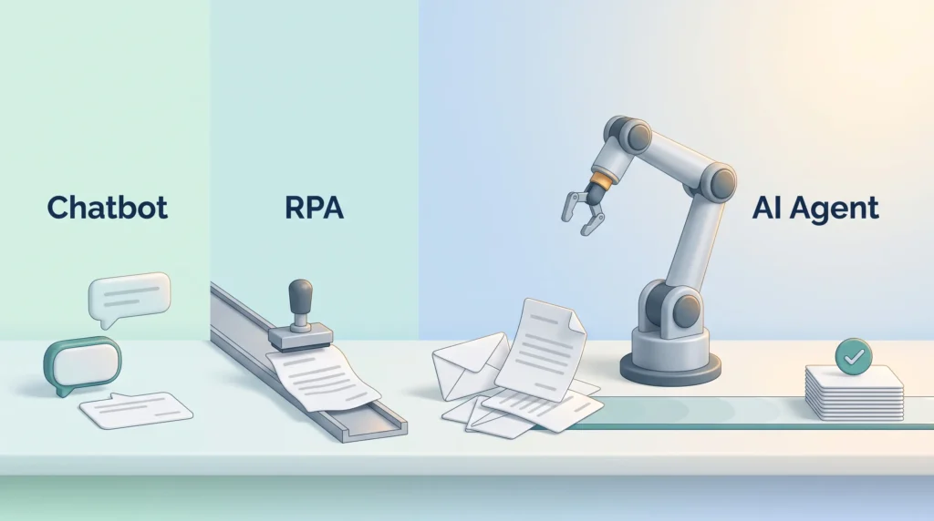 Chatbot vs RPA vs AI Agent AI agents in business compared with a chatbot and RPA, with a robotic arm processing mixed emails and documents into a completed stack