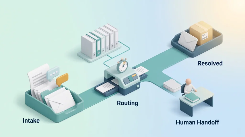 AI Agent Customer Service Routing AI agents customer service workflow from intake through routing with help content to resolved replies and a human handoff with the case folder