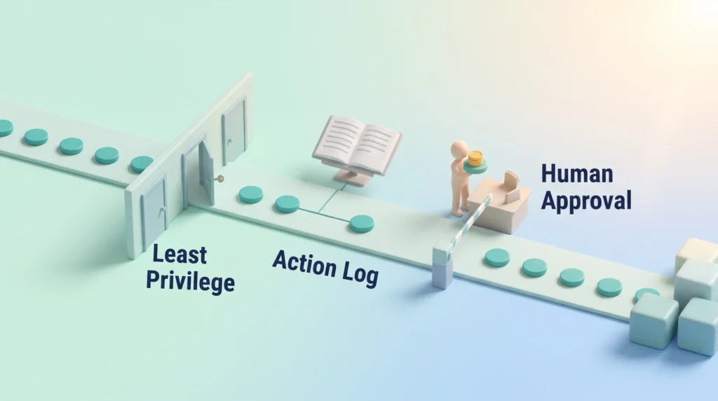 AI Agent Risk Controls AI agent risks managed with least privilege doors, an action log and a human approval checkpoint that pulls a refund before systems update